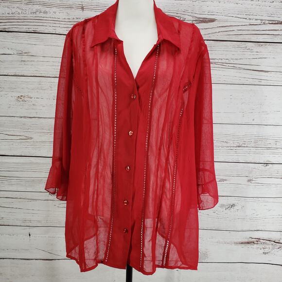 Maggie Barnes Red Sheer Ruffle Sleeve Pleated Light Textured Top Size 2X - Picture 1 of 13